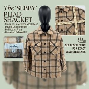 Sebby Women's Plaid Shacket Size M Oversized Faux Wool Blend Flannel Jacket Tan